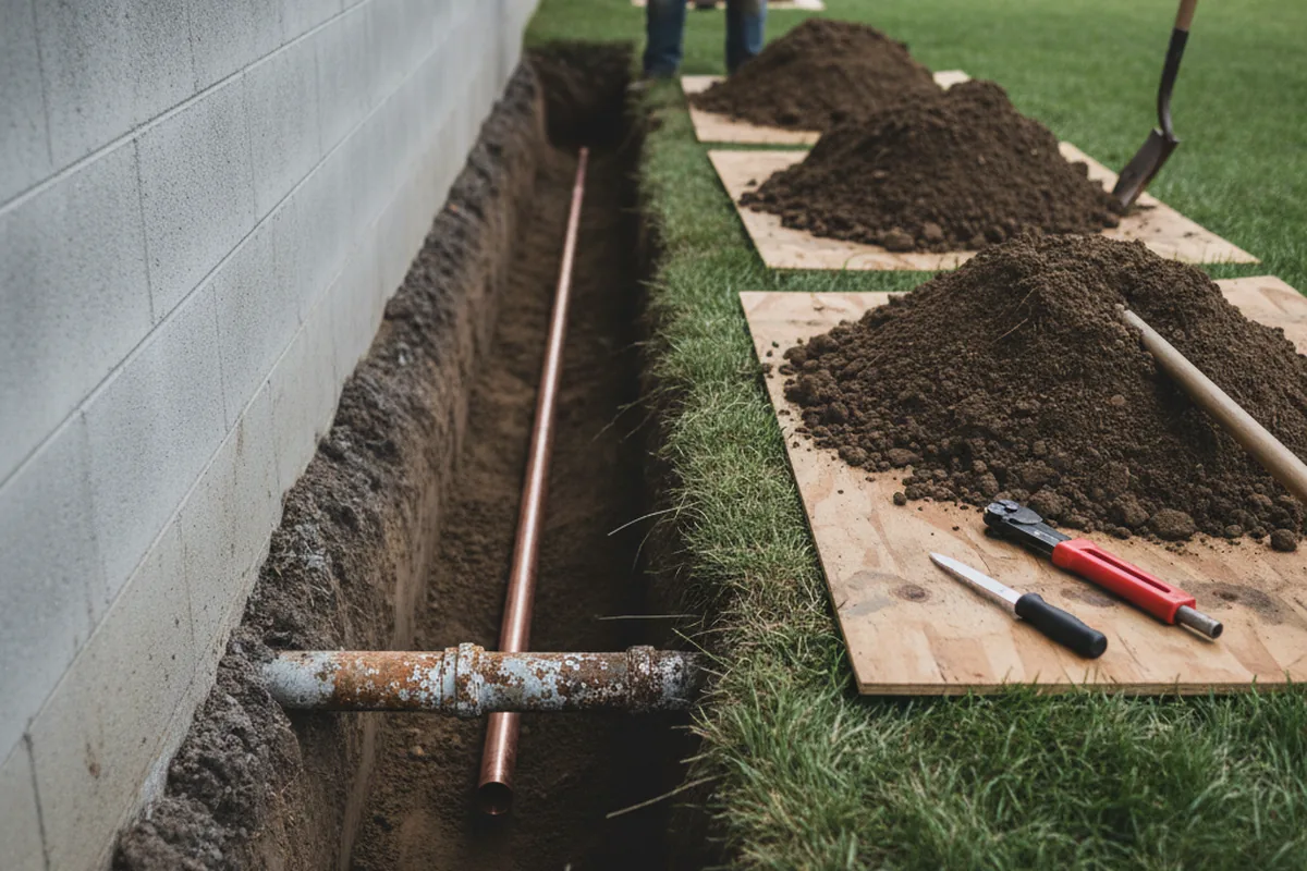 Excavated water line trench during Sewer Line Repair in Saint Rose
